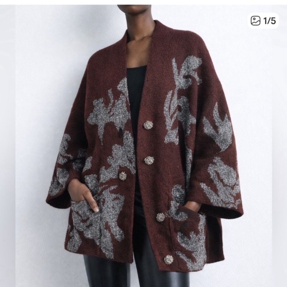 ZARA • burgundy silver sweater cardigan coatigan coat